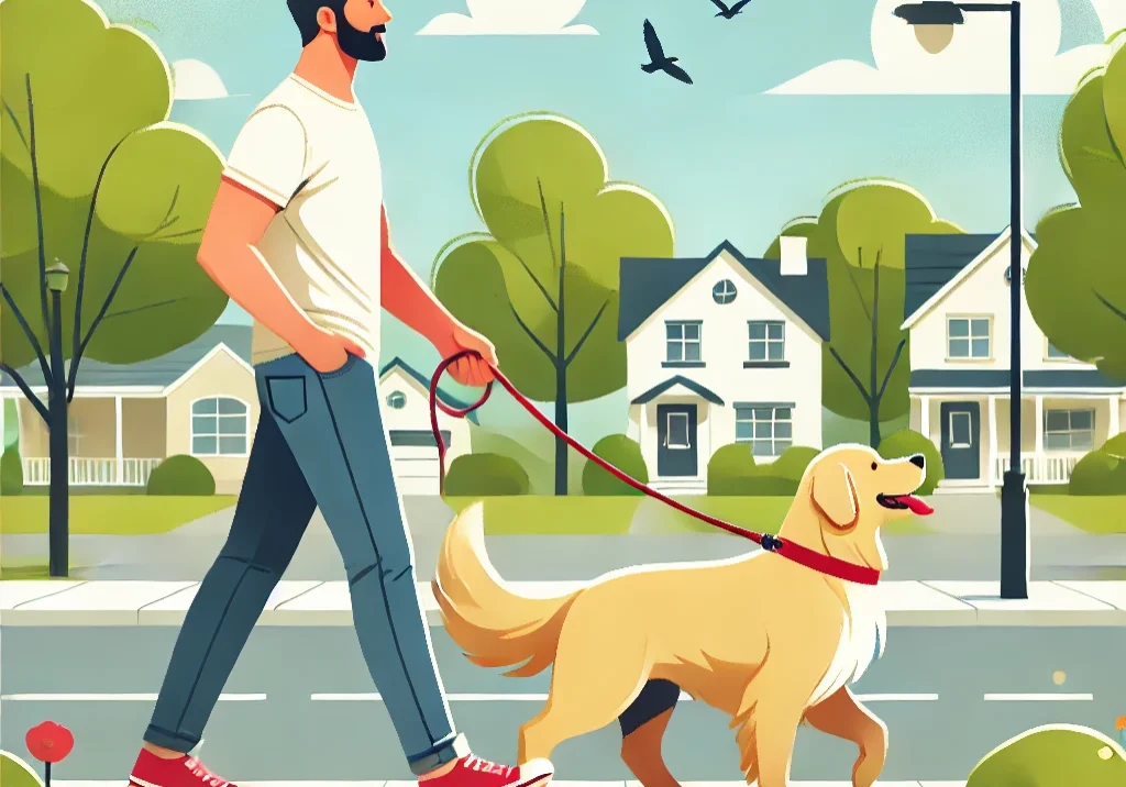 DALL·E 2024-10-08 11.52.11 - A man walking a dog in a peaceful suburban neighborhood, with tree-lined streets and houses in the background. The dog is a friendly golden retriever